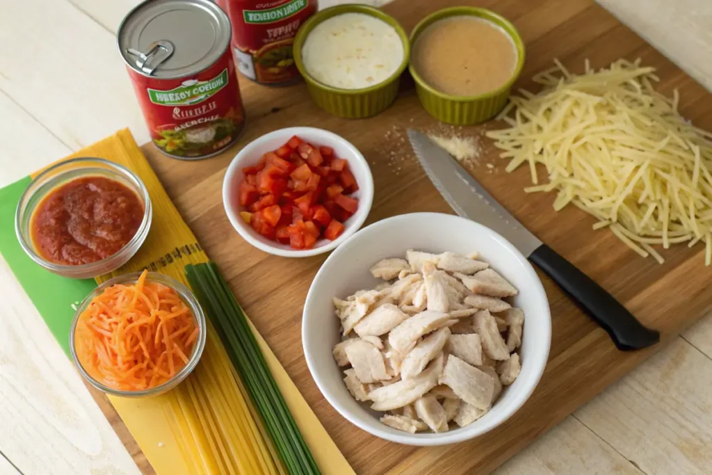  Ingredients for chicken spaghetti with Rotel on a wooden countertop