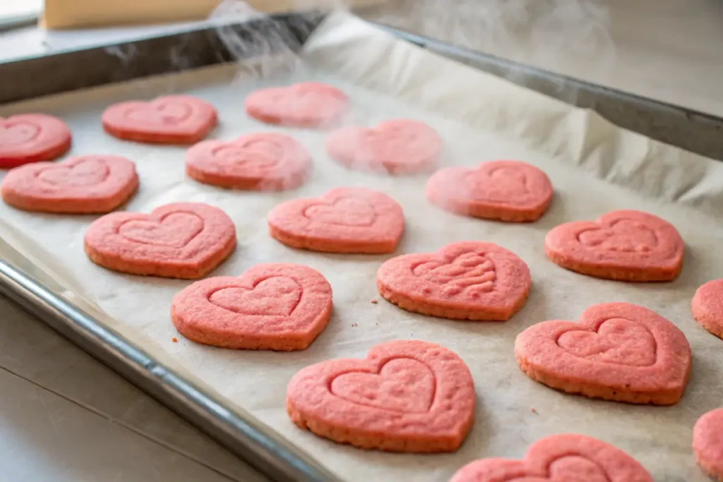 Freshly baked Valentine Cake Mix Cookies on a tray