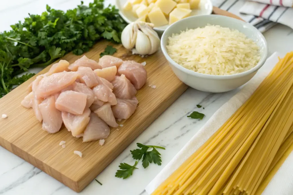 Ingredients for Creamy Garlic Chicken Pasta: garlic, parsley, Parmesan, chicken, and pasta