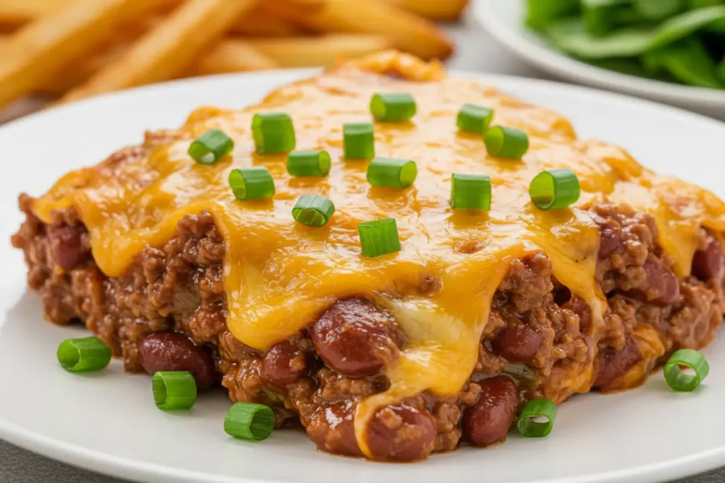 Plated slice of chili cheese dog casserole with sides