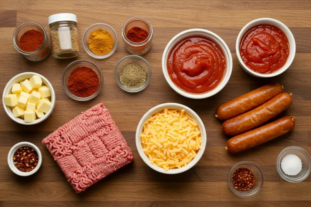 Ingredients for chili cheese dog casserole arranged neatly