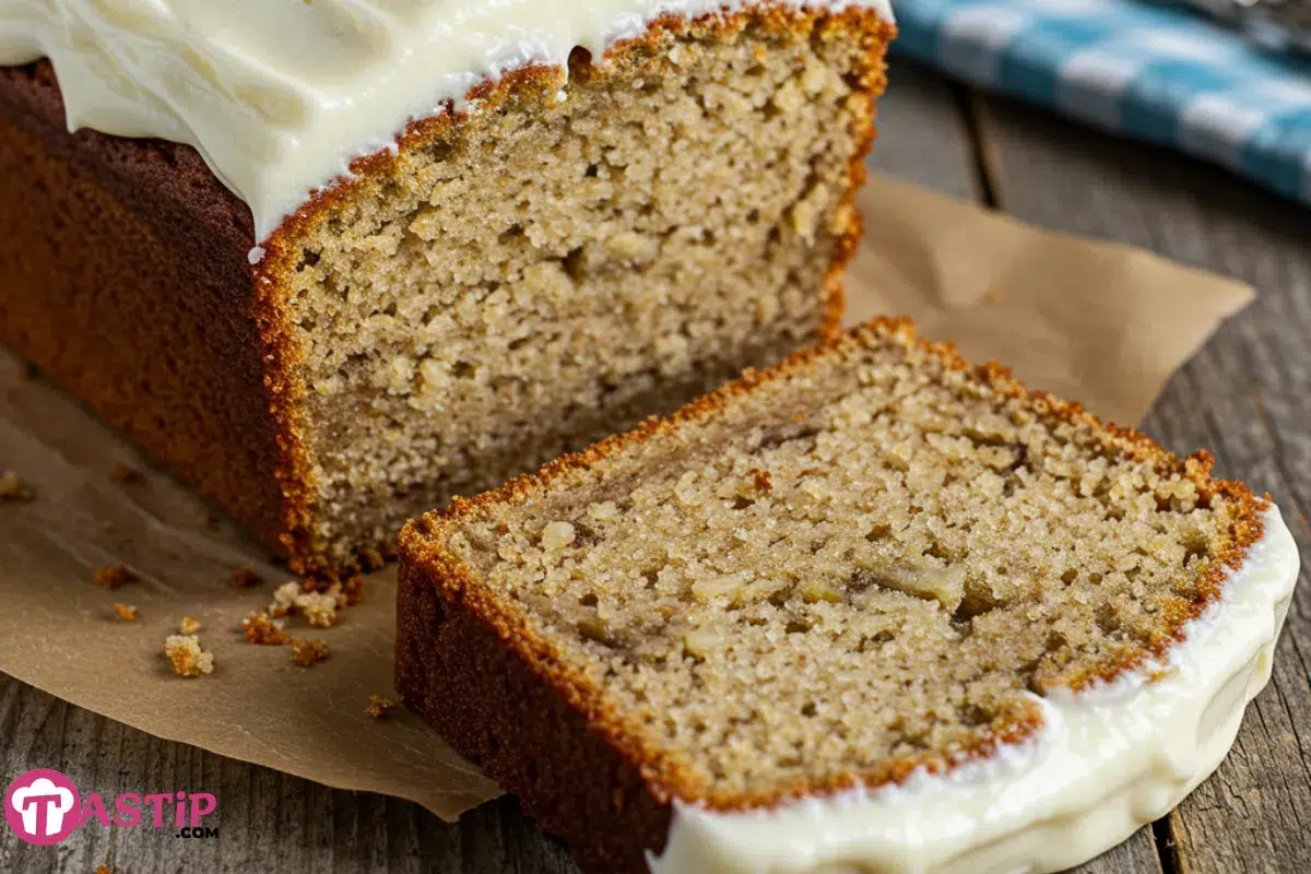 Banana Bread Cake with Cream Cheese Frosting sliced on a wooden table