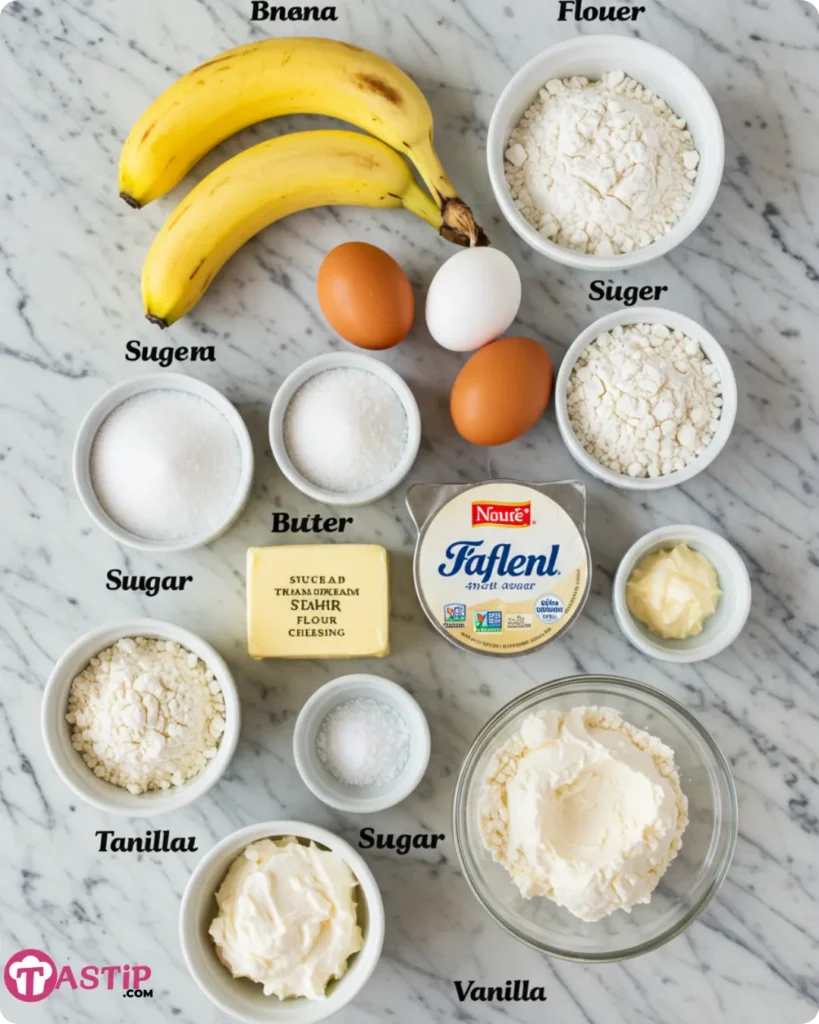 Ingredients for Banana Bread Cake with Cream Cheese Frosting on marble