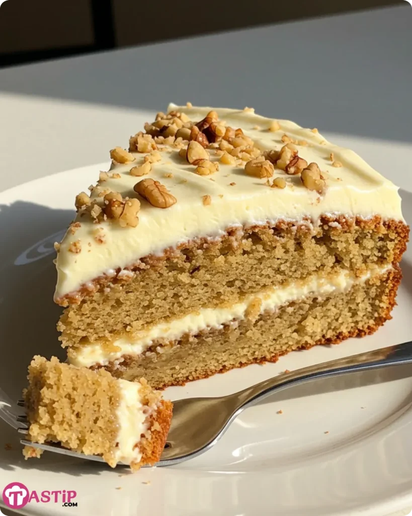 Slice of Banana Bread Cake with Cream Cheese Frosting served