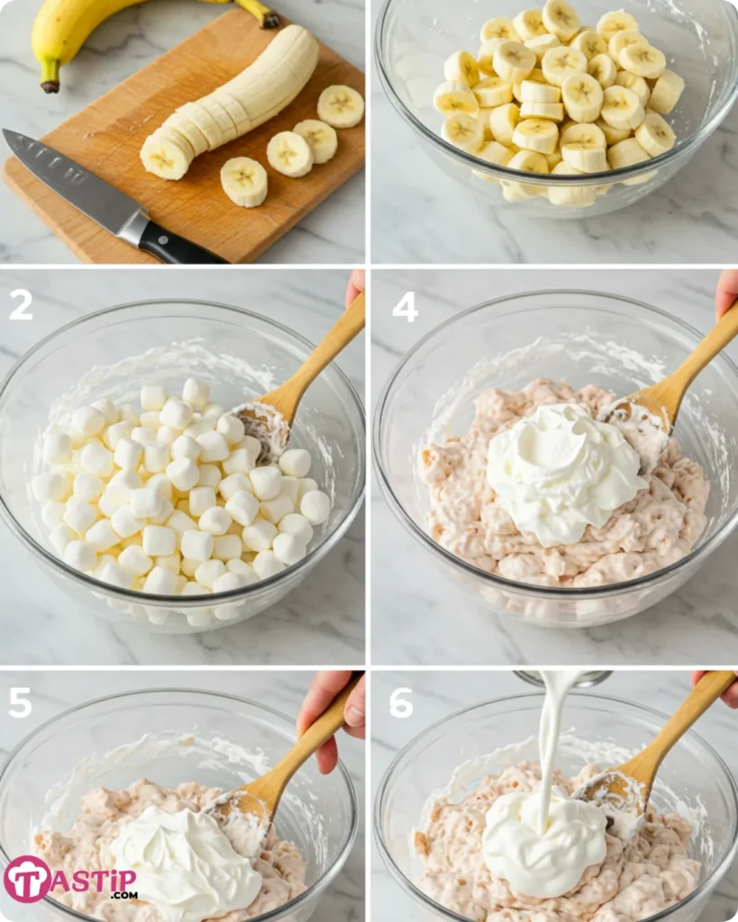 Mixing the ingredients for Banana Split Fluff in a large bowl, with bananas, marshmallows, and whipped topping