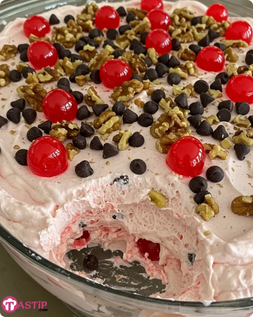 A serving dish of Banana Split Fluff with additional chocolate chips, walnuts, and cherries on top, ready to serve