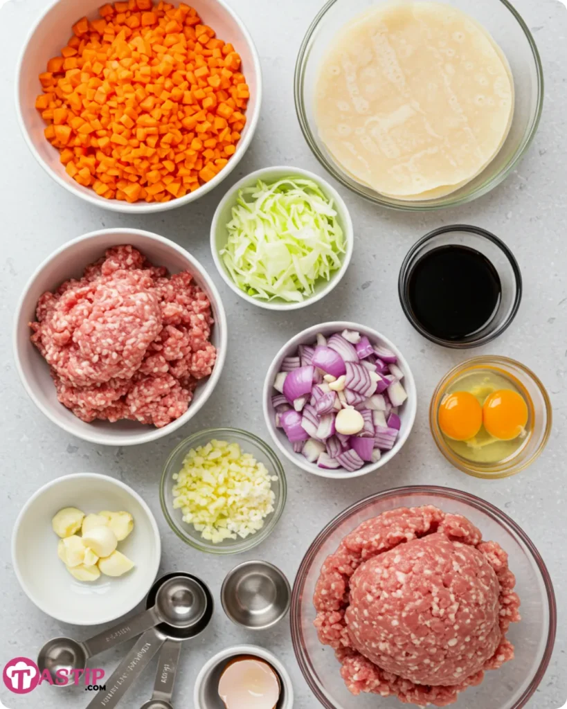 Ingredients for best Filipino lumpia laid out before prep