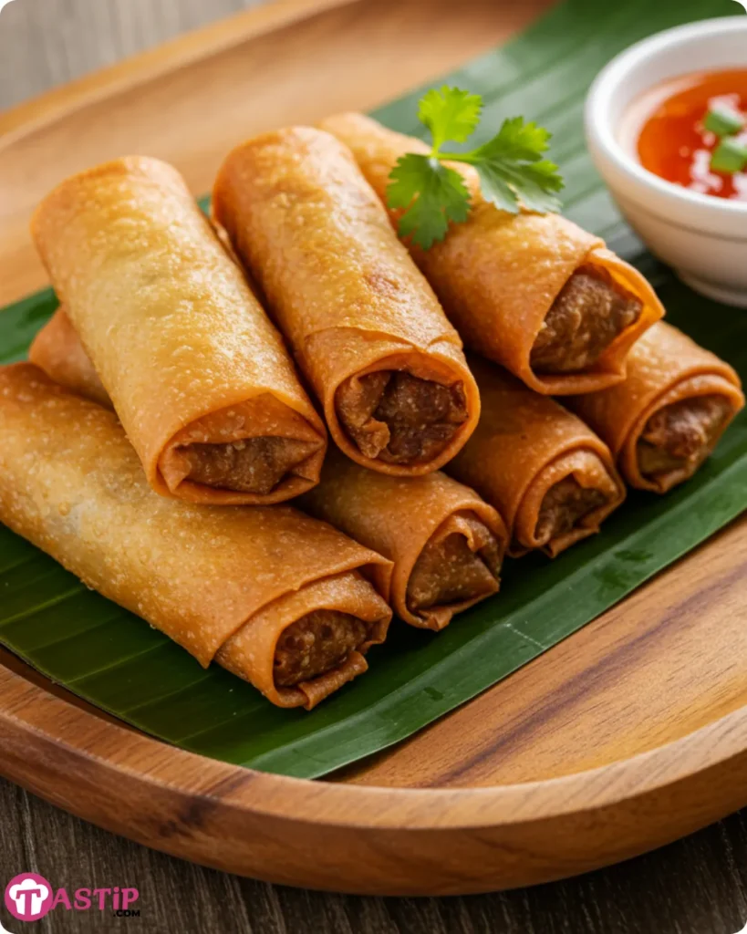 Served best Filipino lumpia with dipping sauce and garnish