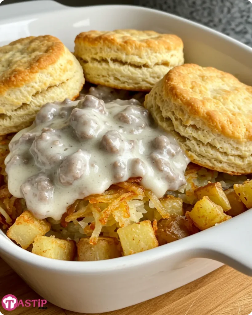 serving of biscuits and gravy hashbrown casserole