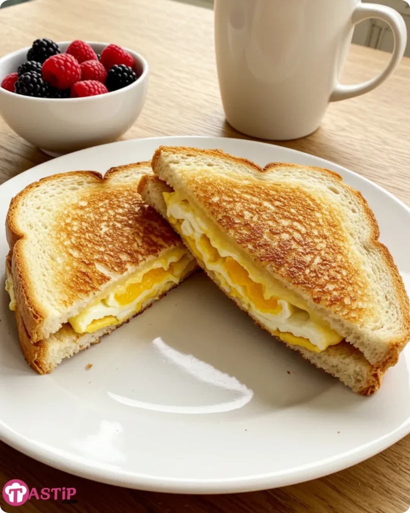 Breakfast grilled cheese with eggs sandwich served with berries and coffee