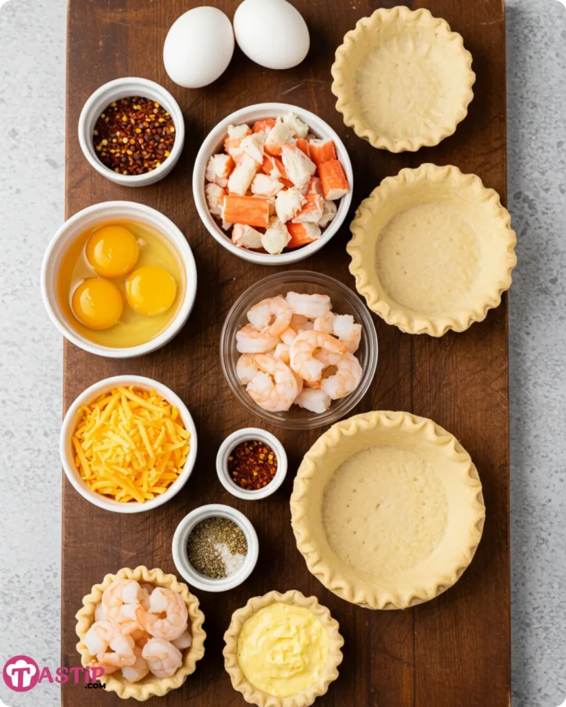 Ingredients for Cheddar Crab and Shrimp Mini Quiches laid out