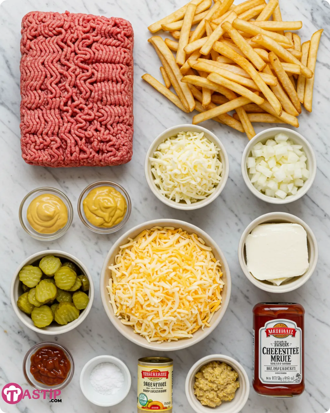 Cheeseburger French Fry Bake ingredients on countertop