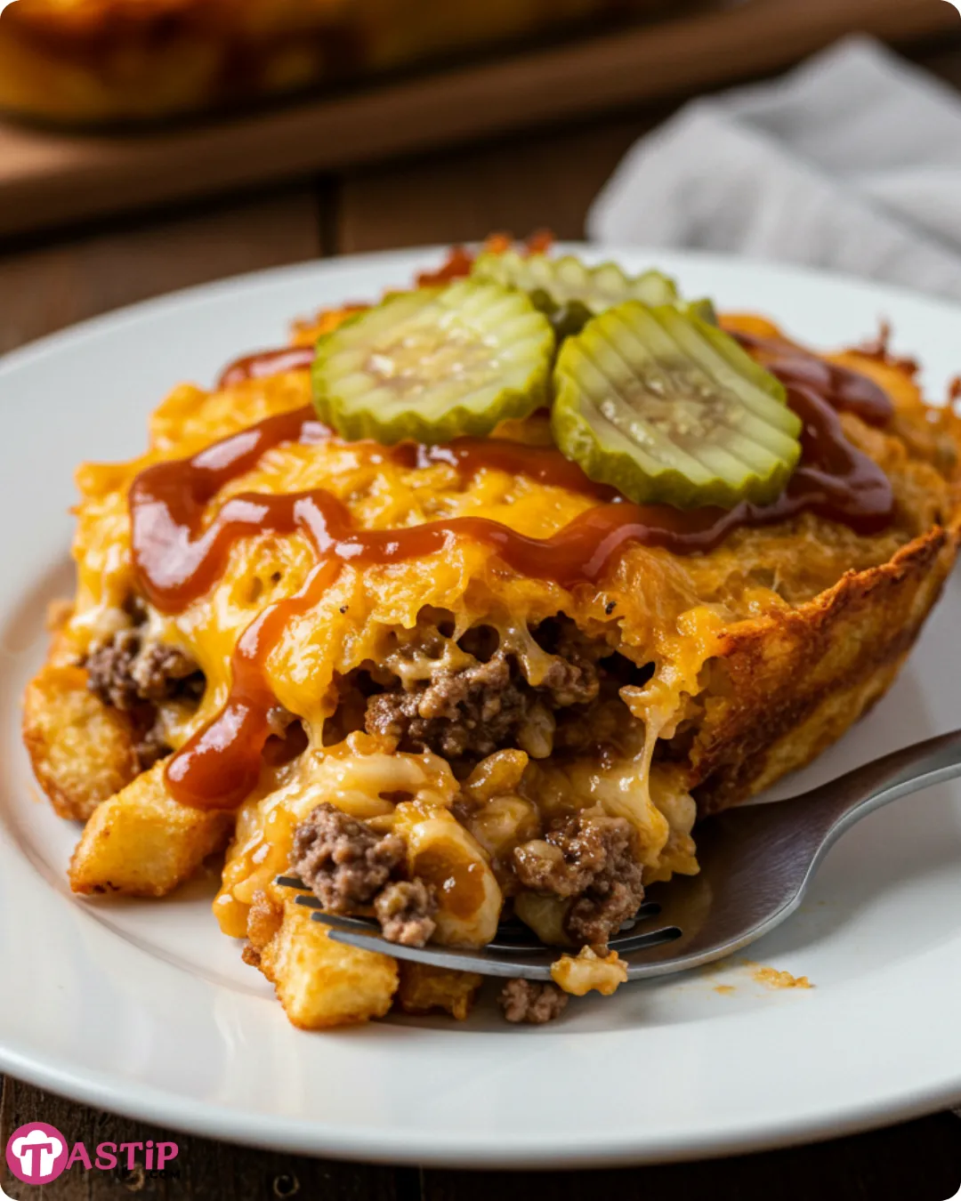 Serving of Cheeseburger French Fry Bake on a plate