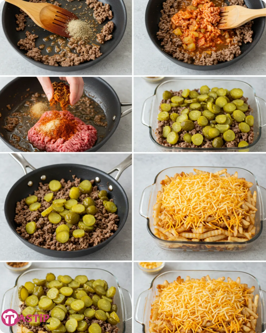 Step-by-step images of Cheeseburger French Fry Bake being assembled
