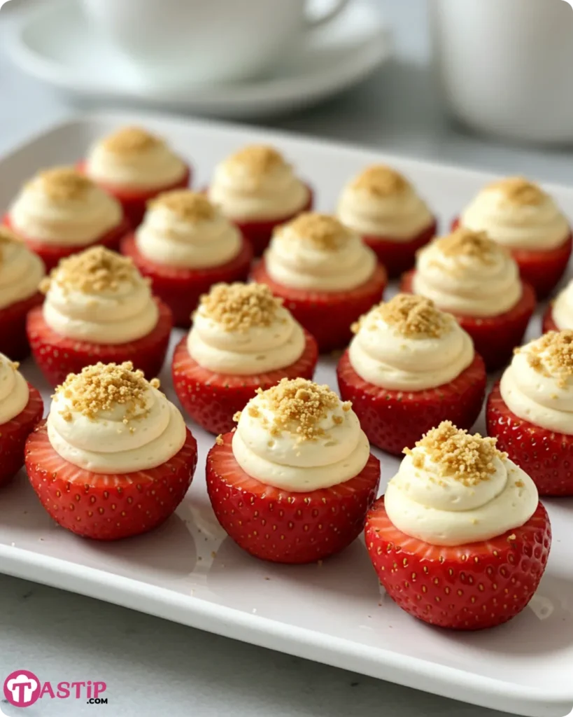 Cheesecake Deviled Strawberries served on a brunch tray