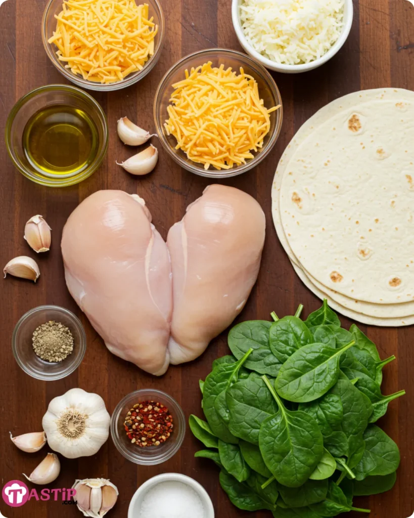 Ingredients for cheesy garlic chicken wraps arranged on counter