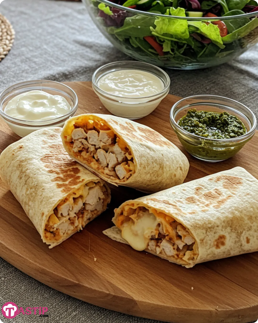 Serving cheesy garlic chicken wraps with salad and dips