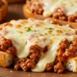 cheesy sloppy joe garlic toast with melted cheese and savory meat topping