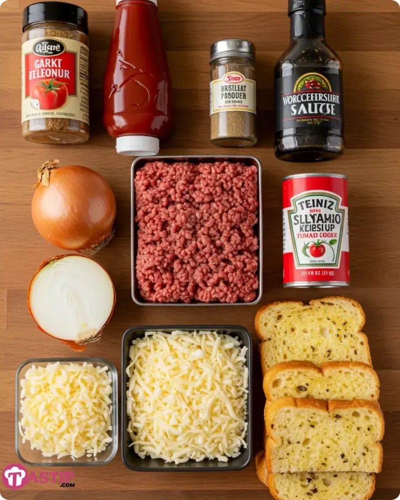 ingredients for cheesy sloppy joe garlic toast laid out on wooden table
