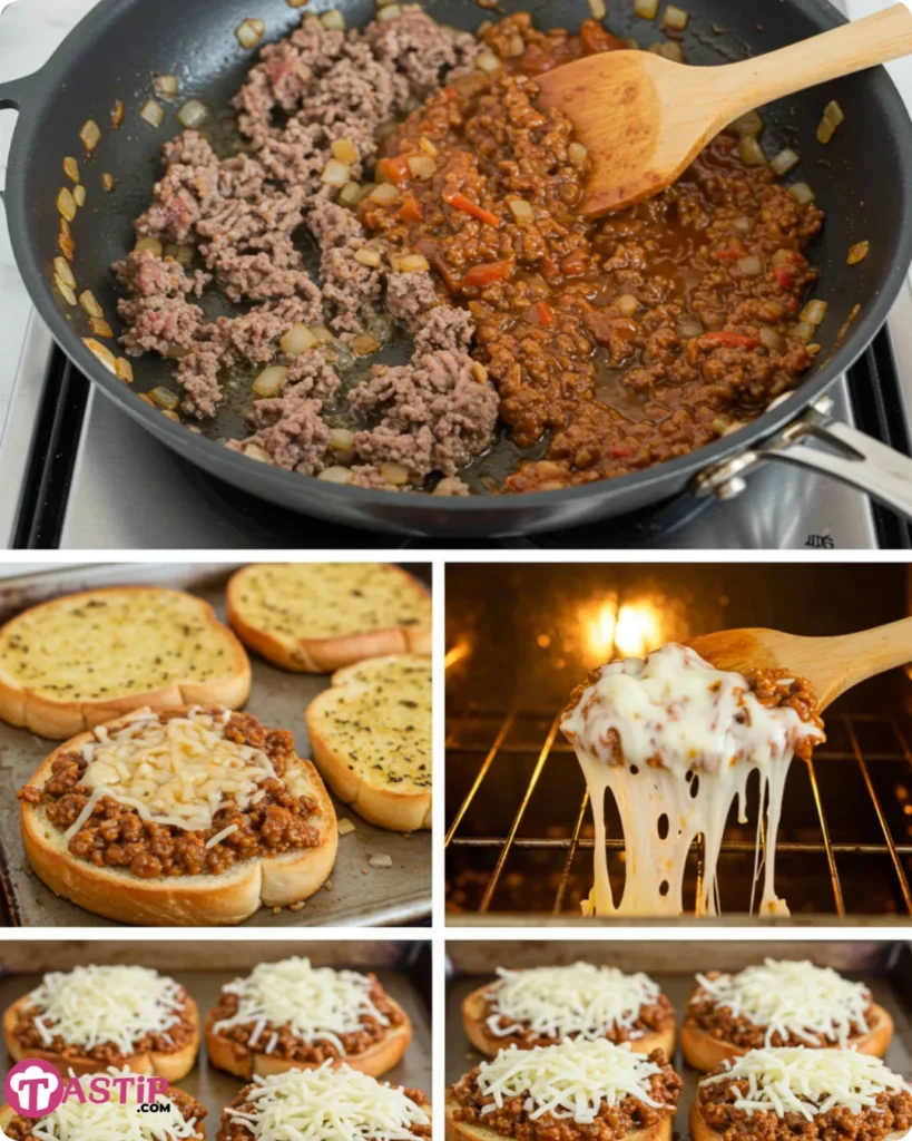 step-by-step photos showing how to make cheesy sloppy joe garlic toast