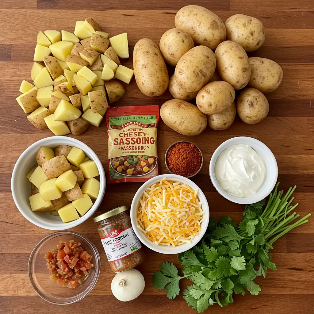 Ingredients for Cheesy Taco Potatoes laid out on a counter