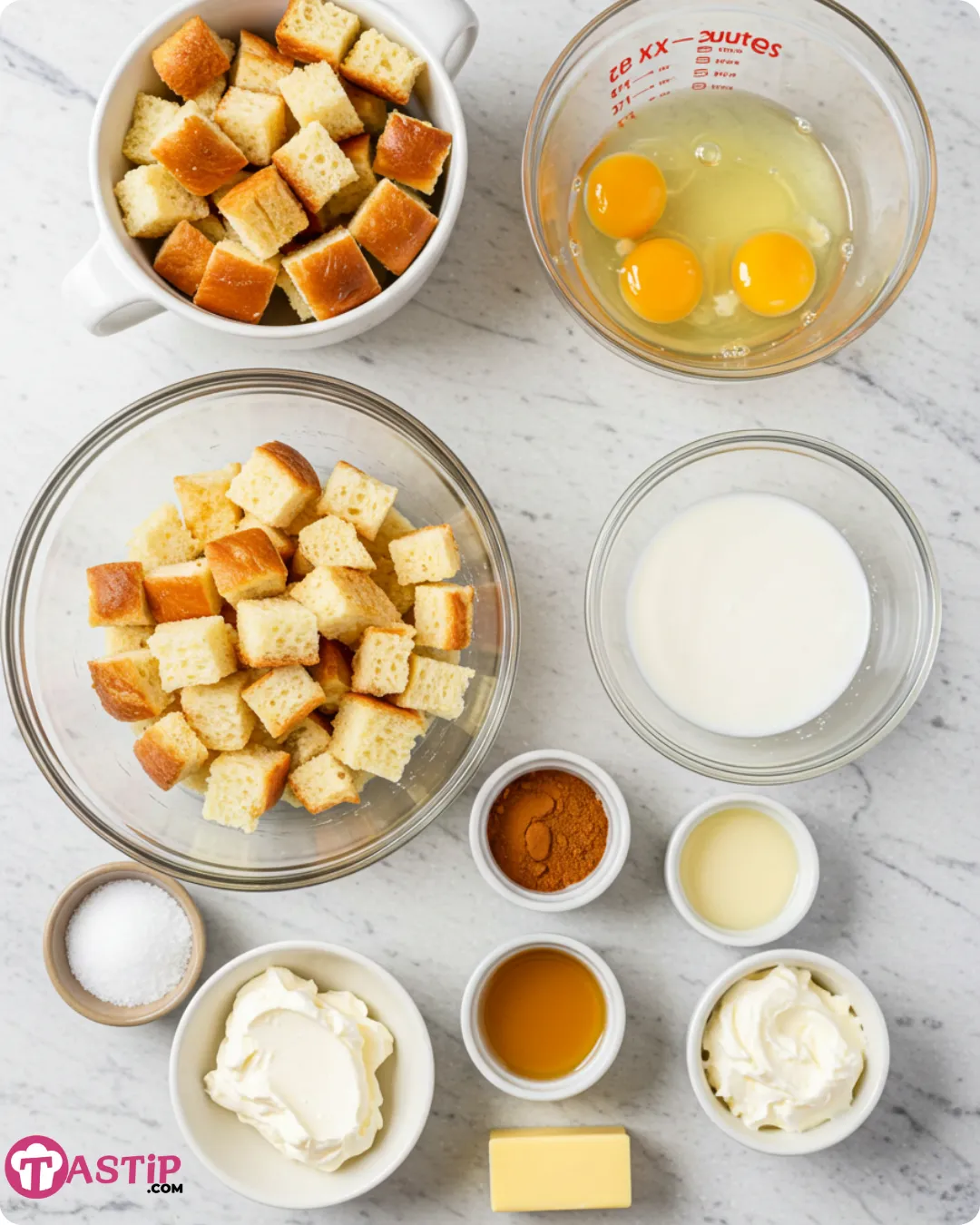 Ingredients laid out for Cinnamon Roll French Toast Bites