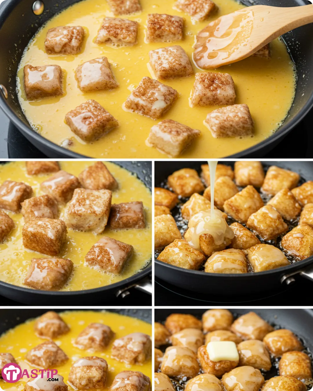 Steps to make Cinnamon Roll French Toast Bites from soaking to frying