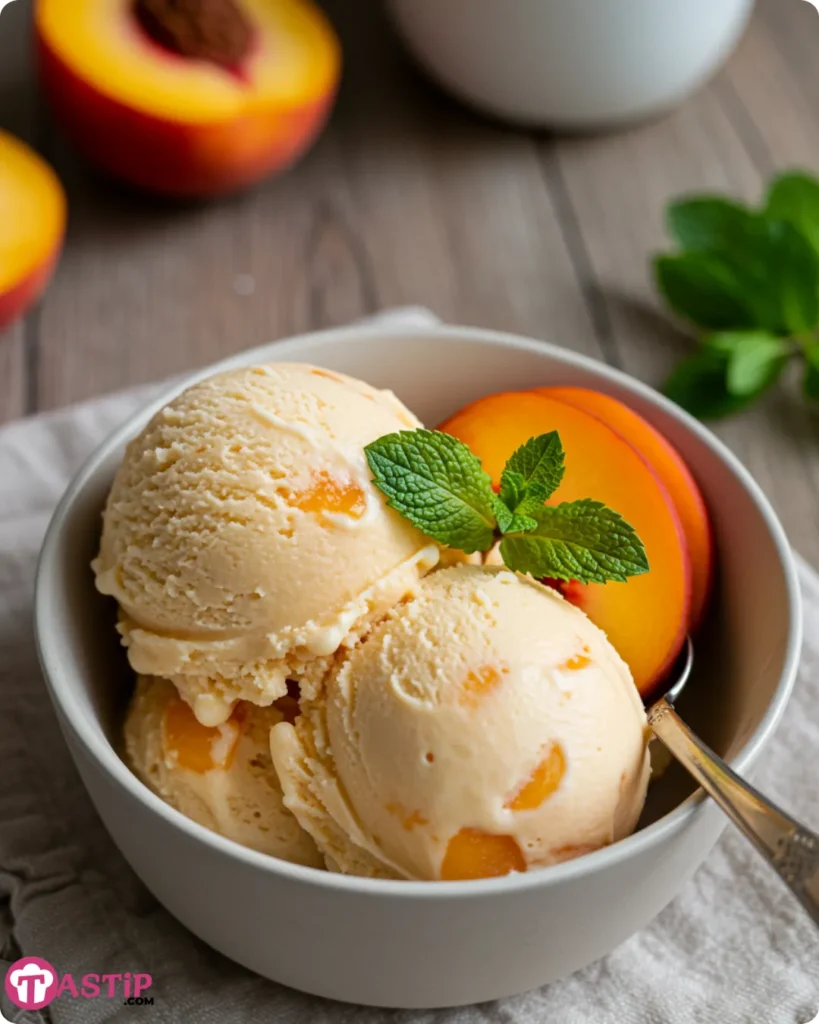 Creamy homemade peach ice cream served in bowl