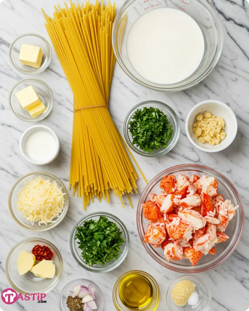 ingredients for creamy lobster spaghetti arranged on a marble countertop
