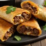 Crispy beef and cheese chimichangas on a rustic plate