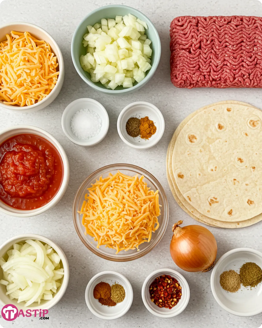 Ingredients for crispy beef and cheese chimichangas