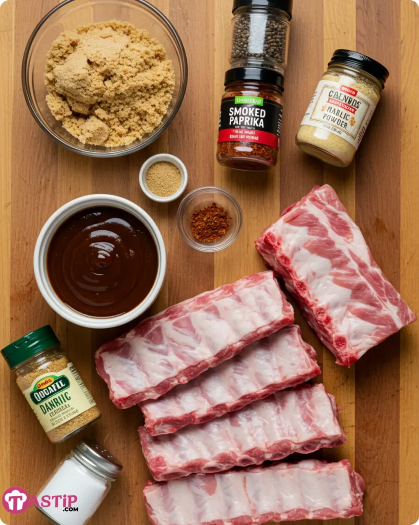 Ingredients for crockpot barbecue ribs recipe on wooden countertop