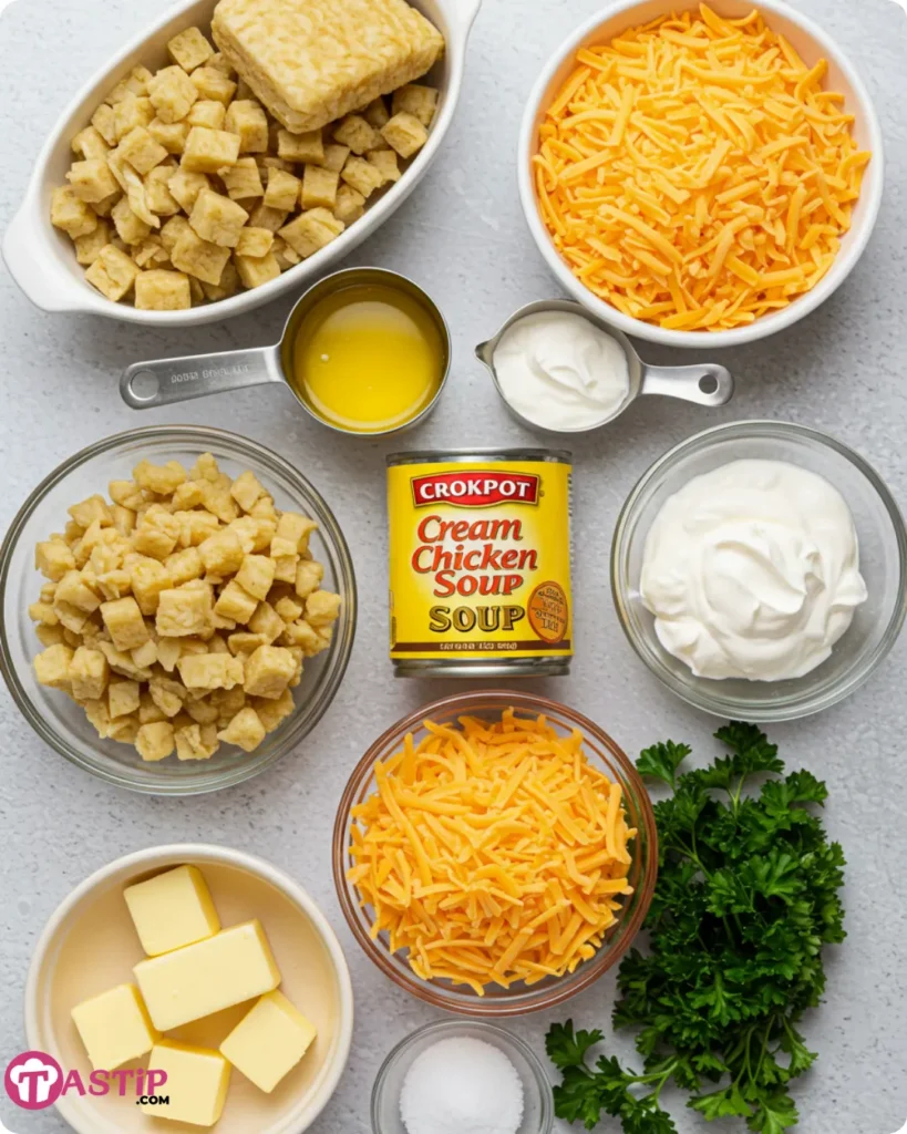 Ingredients for Crockpot Cheesy Potatoes including hash browns, cheddar, sour cream