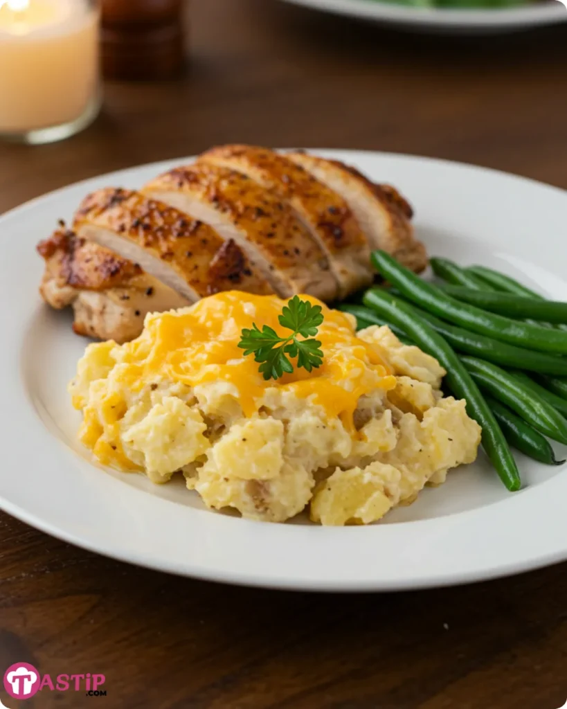 Served Crockpot Cheesy Potatoes with roasted chicken and green beans