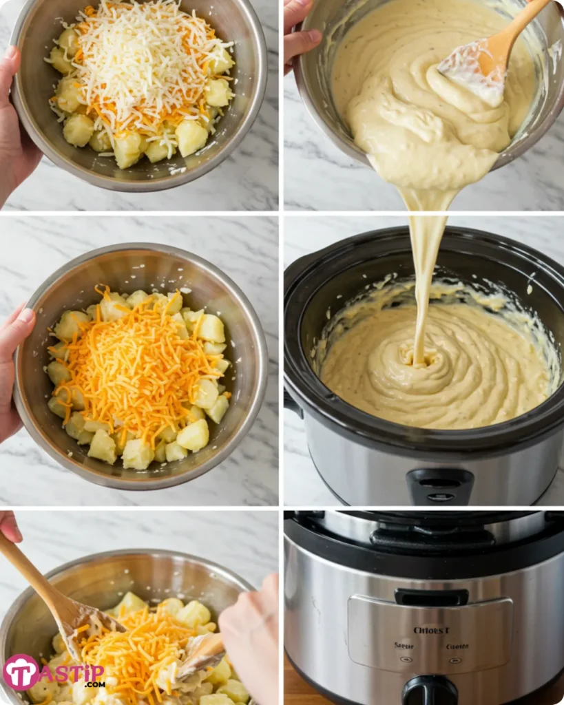 Step-by-step Crockpot Cheesy Potatoes preparation and slow cooking