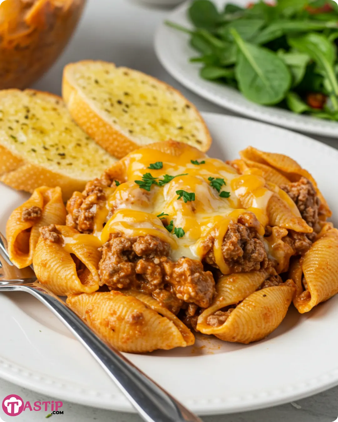 Plated Crockpot Cheesy Ranch Beef Pasta Shells with sides