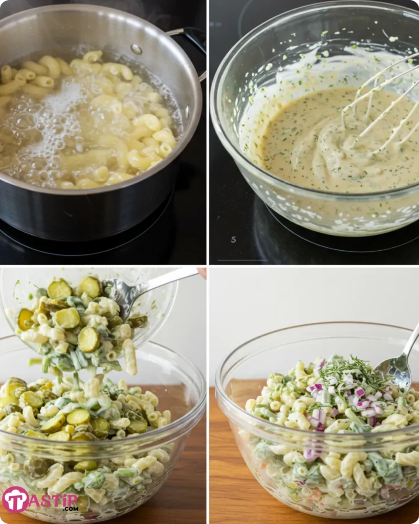 Step-by-step photos of making Dill Pickle Macaroni Salad