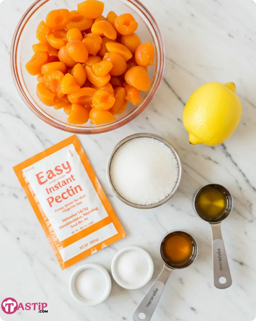 Ingredients for easy no-cook apricot freezer jam laid out on countertop