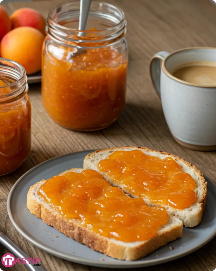 Toast topped with easy no-cook apricot freezer jam on breakfast table