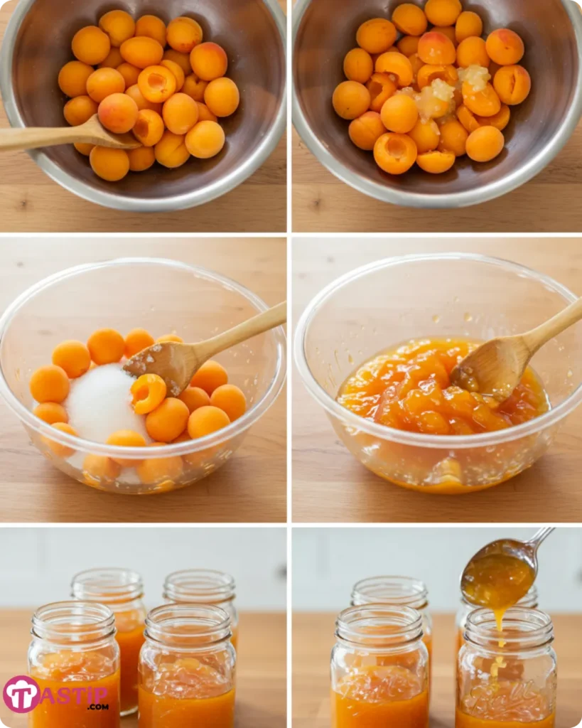 Step-by-step making of easy no-cook apricot freezer jam