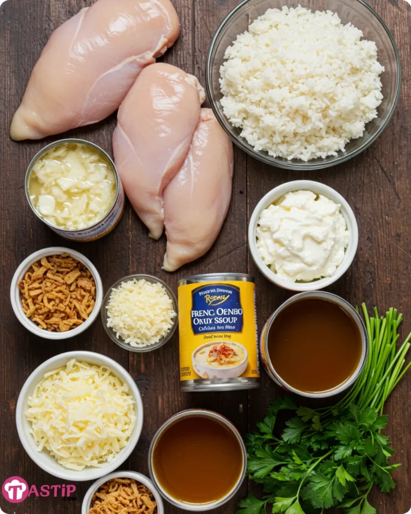 Ingredients for French Onion Chicken Rice Casserole laid out on a wooden surface