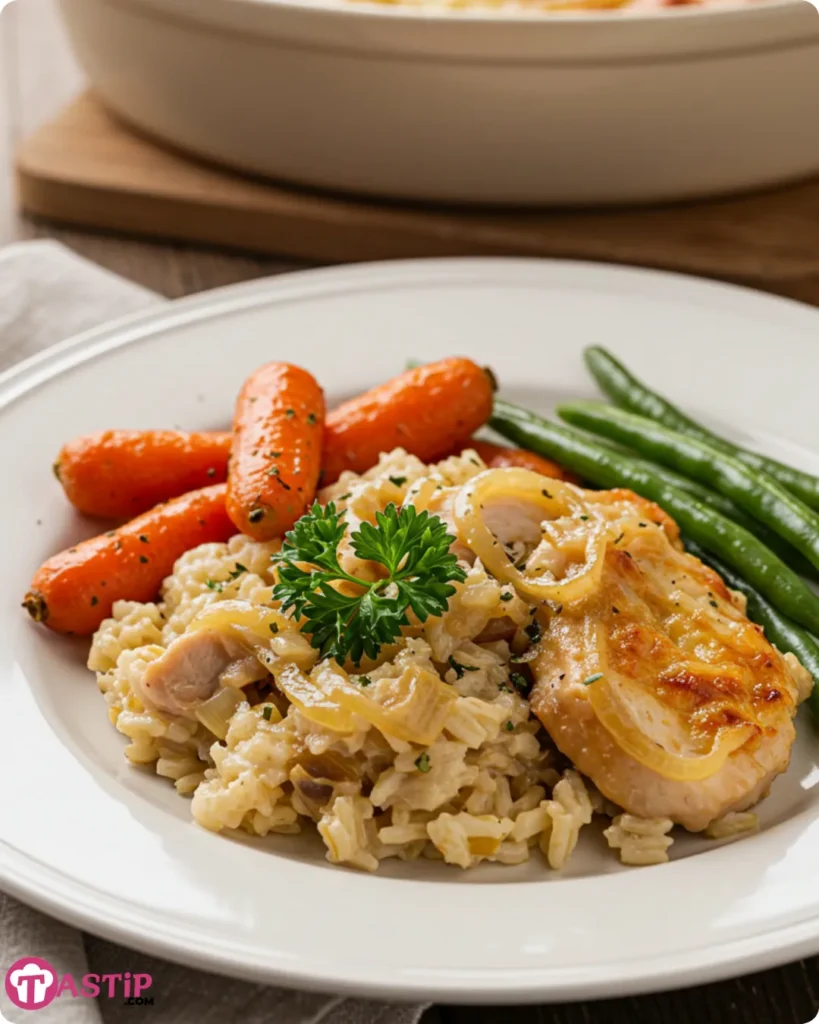 French Onion Chicken Rice Casserole served with vegetables on a dinner plate
