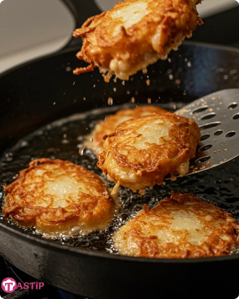 Crispy Amish Onion Fritters 7 Frying Amish onion fritters in cast iron pan