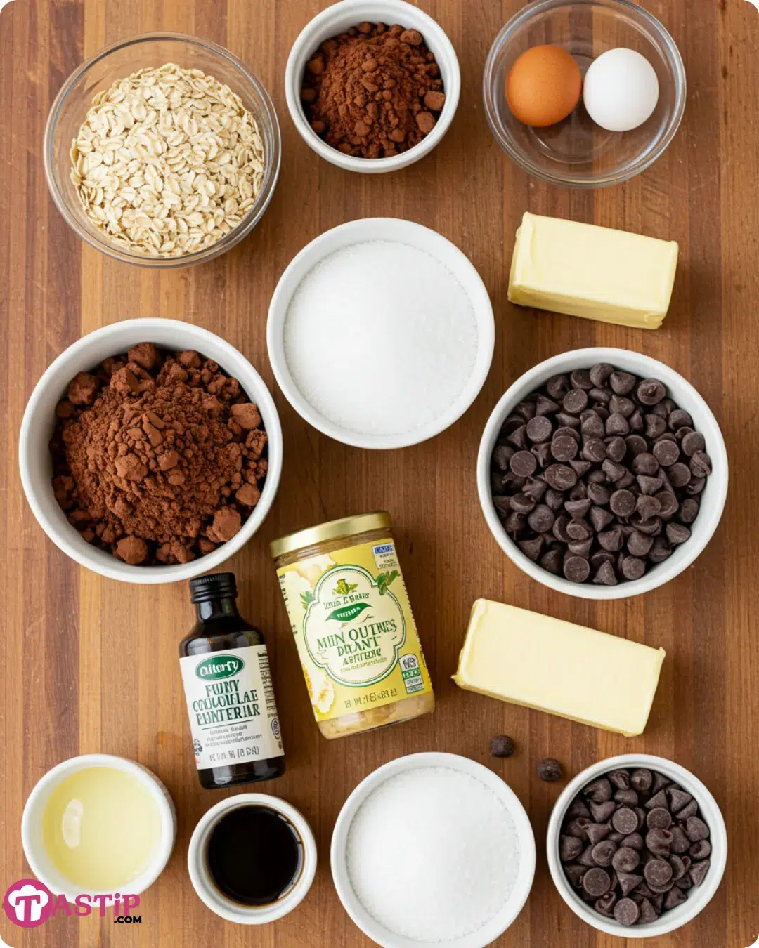 Ingredients for fudgy mint chocolate no-bake cookies on a countertop