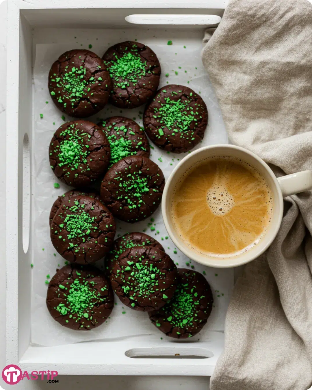 Fudgy mint chocolate no-bake cookies served with coffee