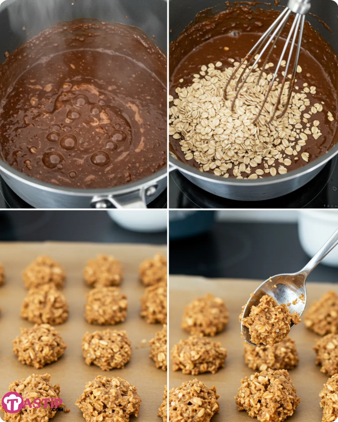 Step-by-step making fudgy mint chocolate no-bake cookies