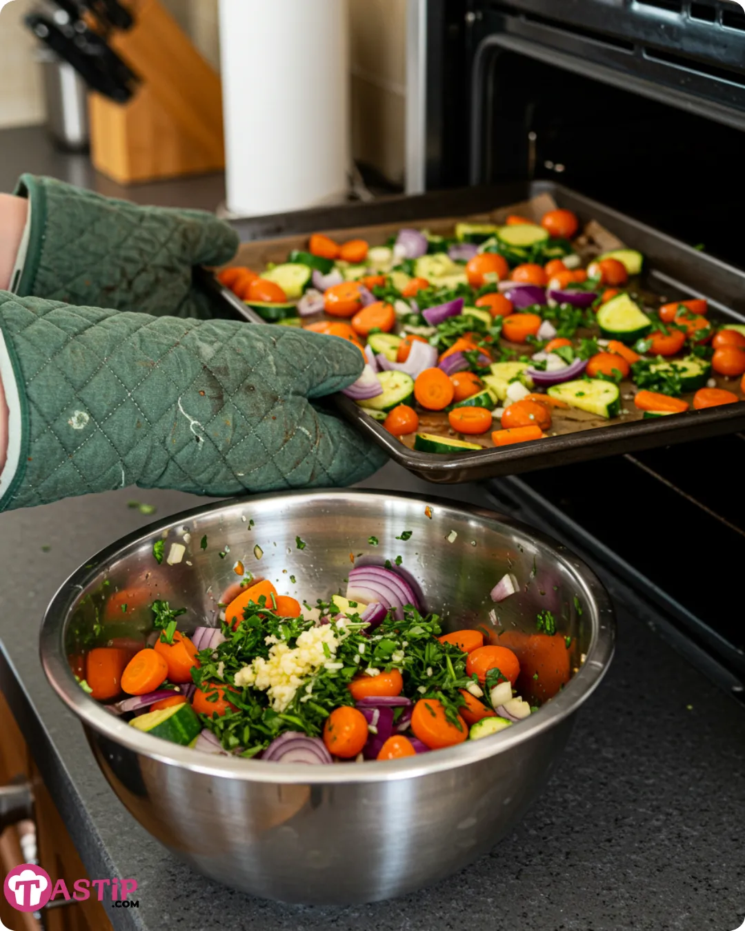 tossing garlic herb veggies steps