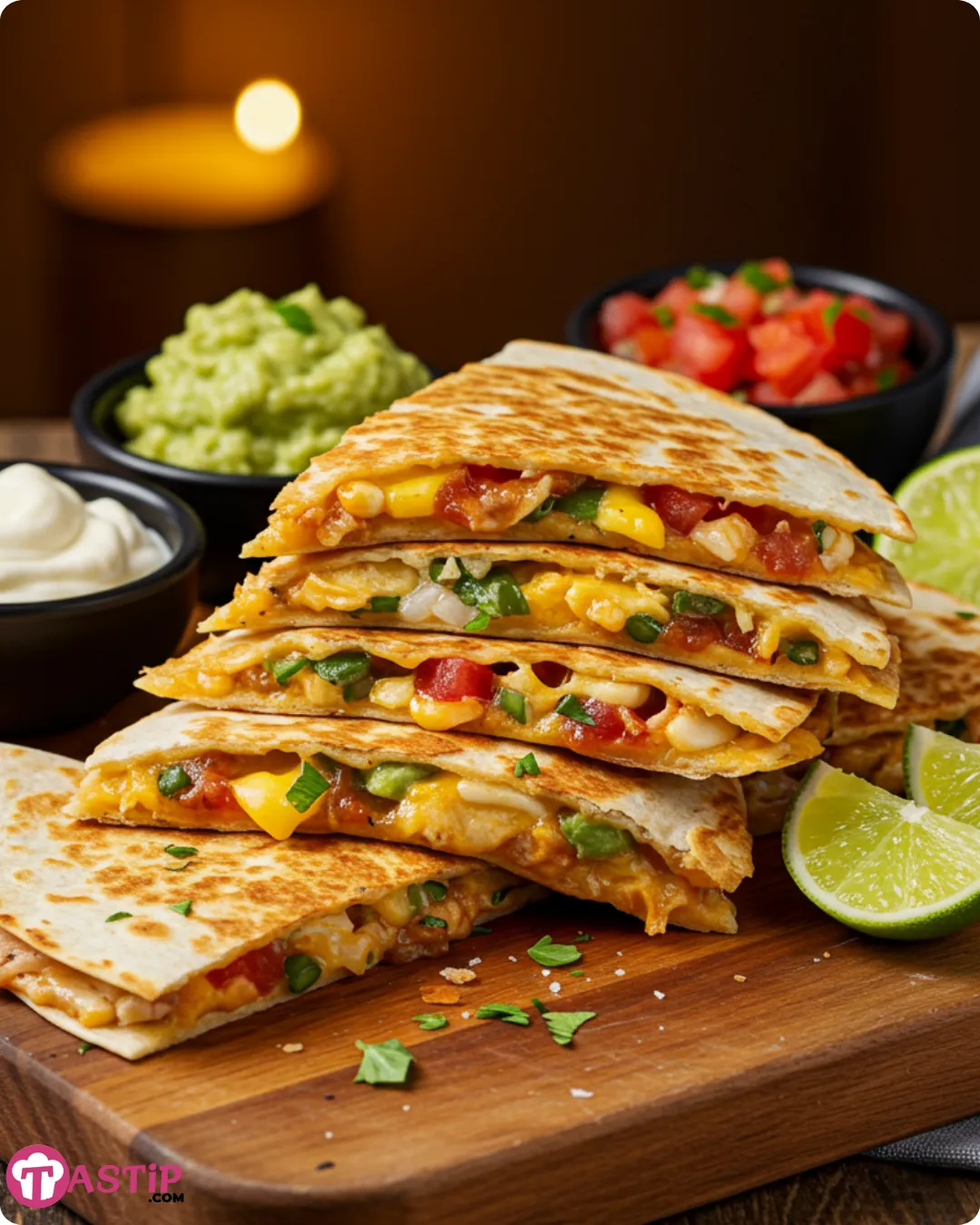 Served ground beef cheesy quesadillas with toppings