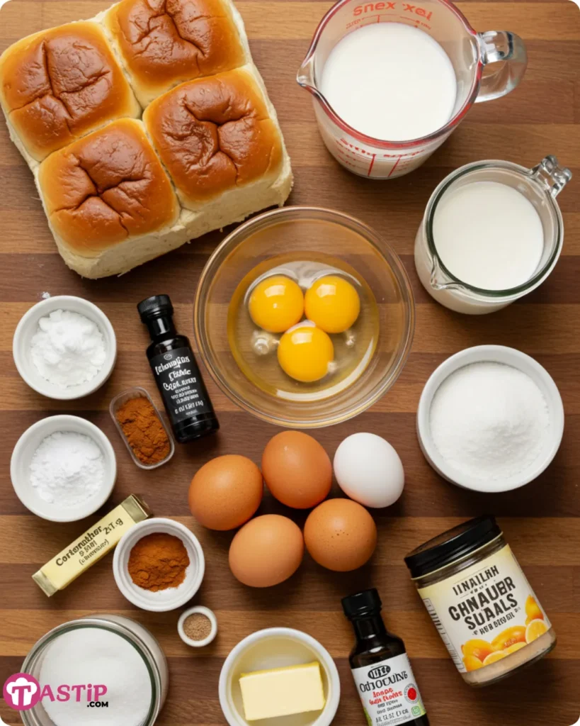 Ingredients for Hawaiian Roll French Toast on wooden table