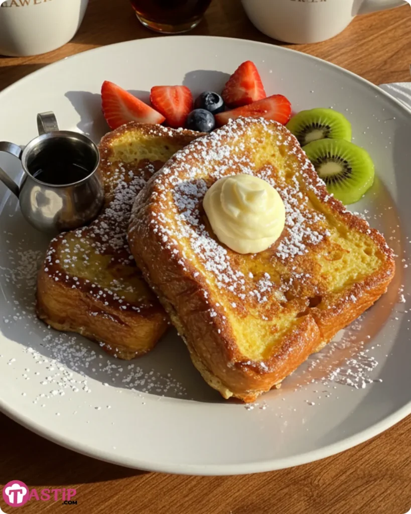 Hawaiian Roll French Toast served with fruit and syrup on breakfast table